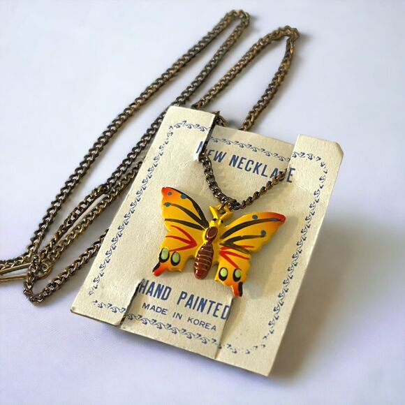 Vintage 70s Hand Painted Yellow Butterfly Necklace Made in Korea Deadstock